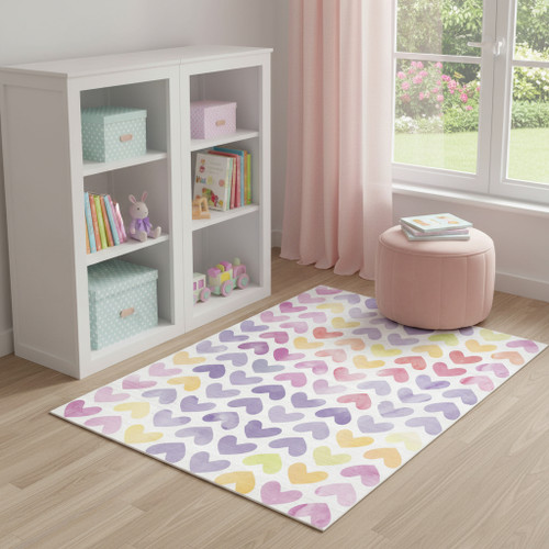 5' X 7' Ivory Pink And Purple Heart Youthful Washable Area Rug - 880024540528
