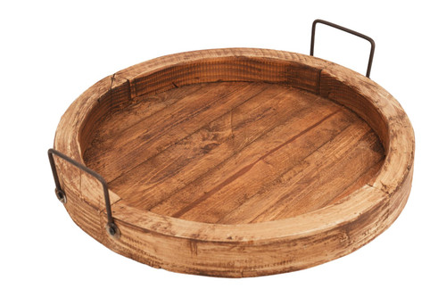 15" Natural Solid Wood Handmade Round Serving Tray With Handles - 880024940731