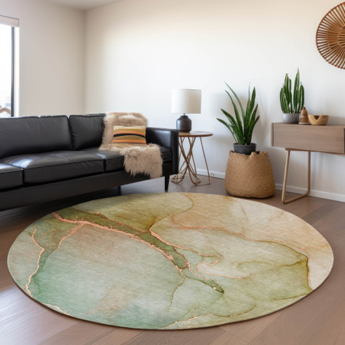 8' Teal And Ivory Abstract Washable Round Rug With UV Protection - 880024820194