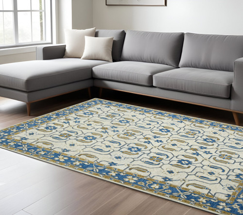 9' X 13' Blue Beige And Brown Wool Oriental Hand Hooked Area Rug - 880016402919