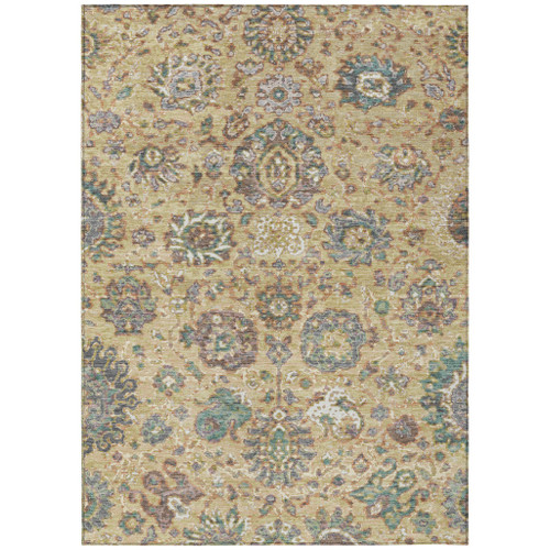 8' X 10' Gold Beige And Pale Aqua Floral Washable Indoor Outdoor Area Rug - 880016688603