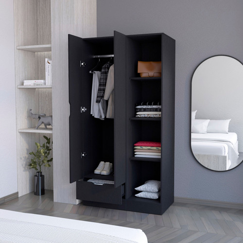 71" Black Wood Two Door Single Drawer Combo Dresser