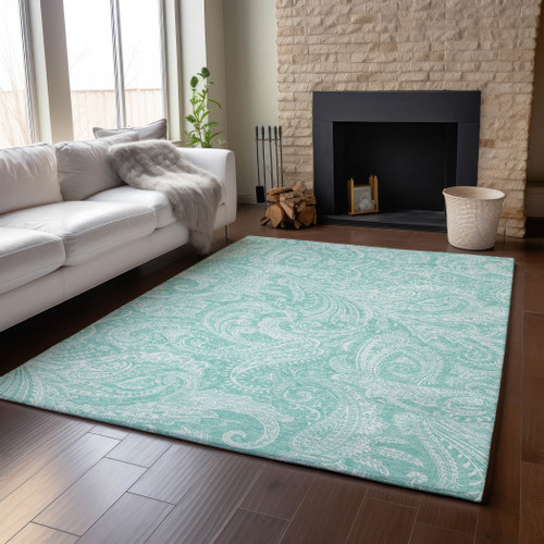 5' X 8' Teal And Ivory Paisley Washable Area Rug With UV Protection - 880024890739