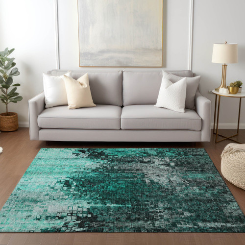 10' X 14' Teal Blue Aqua And Gray Abstract Washable Indoor Outdoor Area Rug - 608219019716