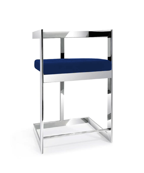 26" Blue and Silver Metal and Velvet Low Back Counter Height Bar Chair - 880016822977