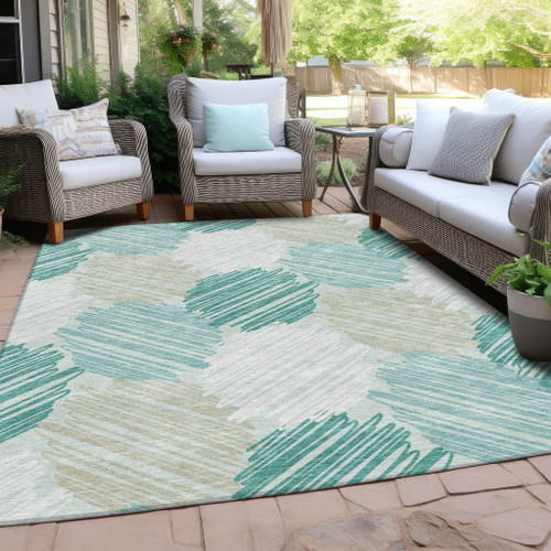 9' X 12' Teal Blue Ivory And Taupe Geometric Washable Indoor Outdoor Area Rug - 880016809565