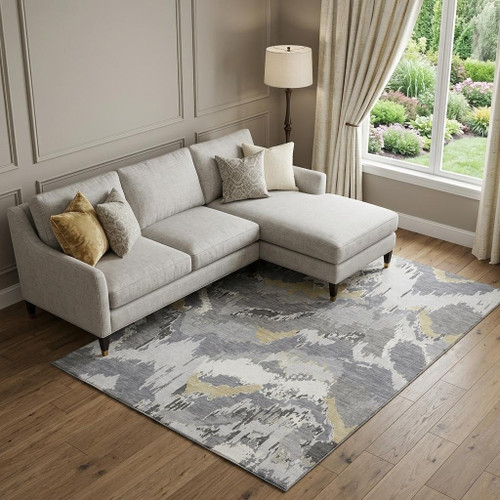 10' X 14' Gray Gold And Ivory Abstract Washable Area Rug With UV Protection - 880024947655