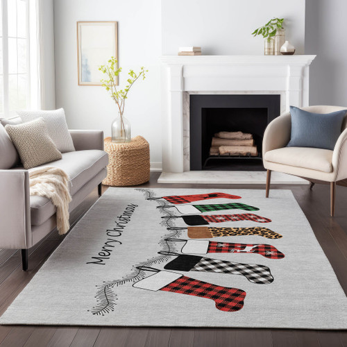8' X 10' Gray Red And Green Christmas Stockings Washable Area Rug With UV Protection - 880024837796