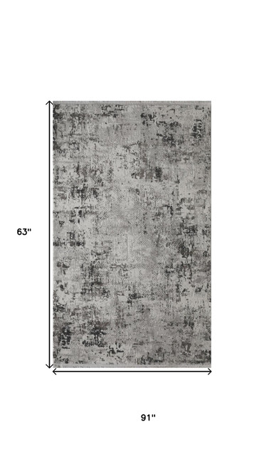 5' X 8' Gray And White Abstract Distressed Area Rug With Fringe - 880016839630