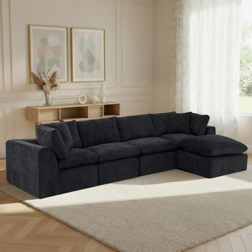 138" Black Chenille Modular Sofa With Ottoman And Toss Pillows - 880016871890