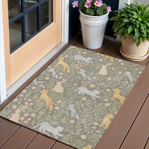 3' X 5' Taupe And Green Forest Animals And Botanical Leaves Washable Area Rug - 880024655833