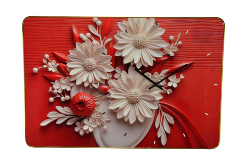 24" White Red And Black Solid Wood and Acrylic Silent Analog Floral Wall Clock - 880016473193