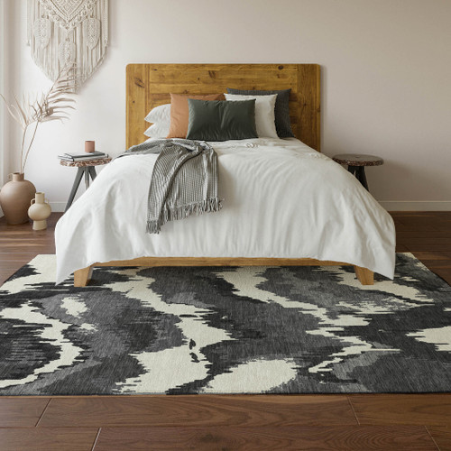 10' X 14' Black And Ivory Abstract Washable Area Rug With UV Protection - 880024939971