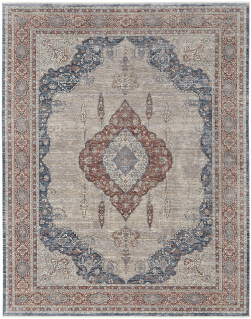 10' X 13' Gray Red And Blue Floral Area Rug