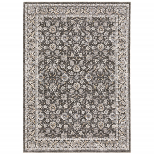 Homeroots Home Decor 8' x 11' Grey and Ivory Oriental Power Loom Stain Resistant Area Rug  Fringe