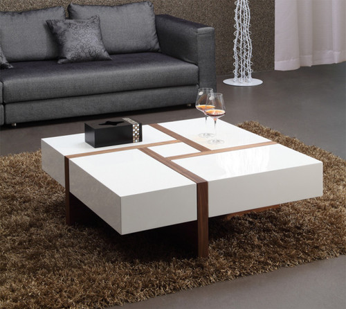 Modern White and Walnut Square Coffee Table with Storage - 606114576556