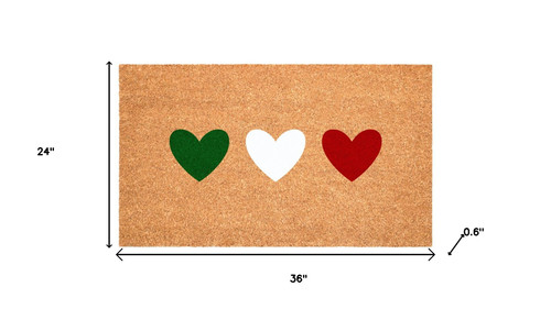 24" X 36" Brown Green White And Red Three Hearts Outdoor Coir Door Mat - 880016675610