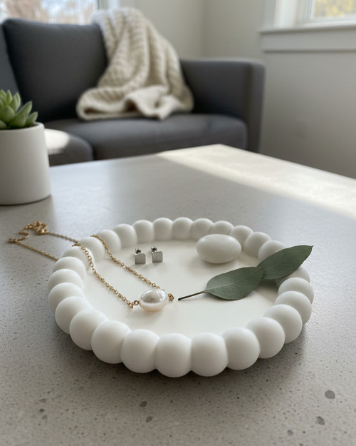 6" White Resin Handmade Round Trinket Tray - 880016668810