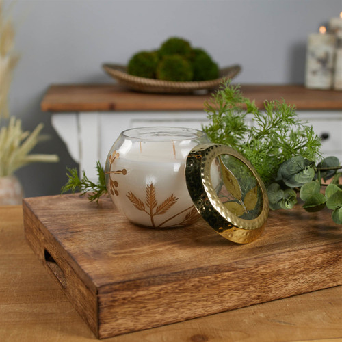 5" White Juniper Scented Two Wick Candle In Clear And Gold Glass Leaf Holder - 880024870199