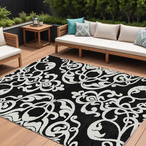 8' X 10' Black And Ivory Damask Washable Indoor Outdoor Area Rug - 880016549782