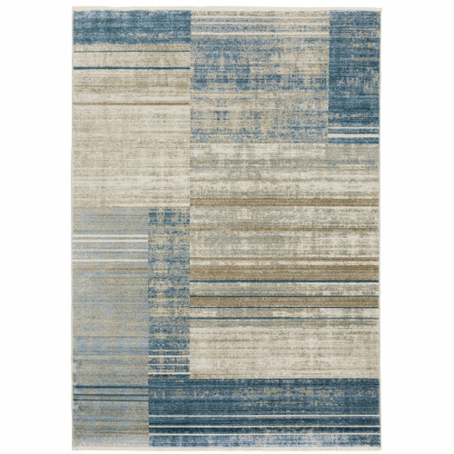 Homeroots Home Decor 10' x 13' Geometric Area Rug, Blue Dark Blue Teal Grey Ivory Beige and Tan, Power Loom Stain Resistant with Fringe
