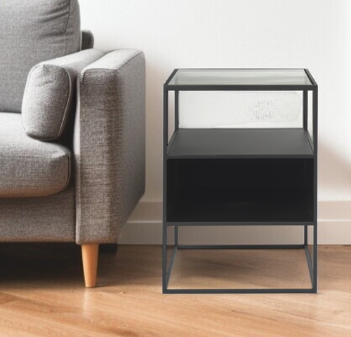 21" Clear and Black Glass and Metal Square Frame End Table With Two Shelves - 880016756852