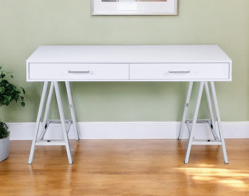 54" White and Silver Writing Desk With Two Drawers - 606114864431