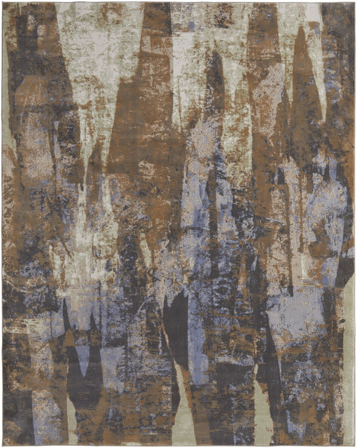 10' X 13' Brown Blue And Ivory Abstract Distressed Area Rug