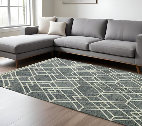 9' X 13' Gray And Ivory Wool Geometric Hand Hooked Area Rug - 880016833454