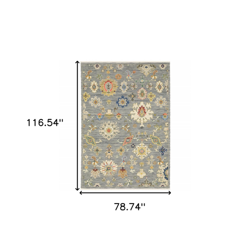 7' X 10' Gray Ivory And Blue Oriental Area Rug With Fringe