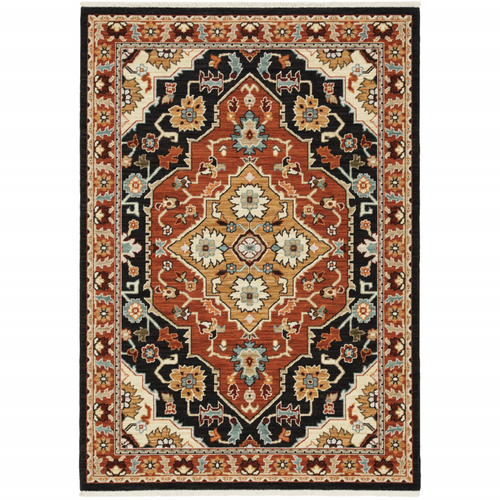 7' X 10' Black And Red Oriental Area Rug With Fringe