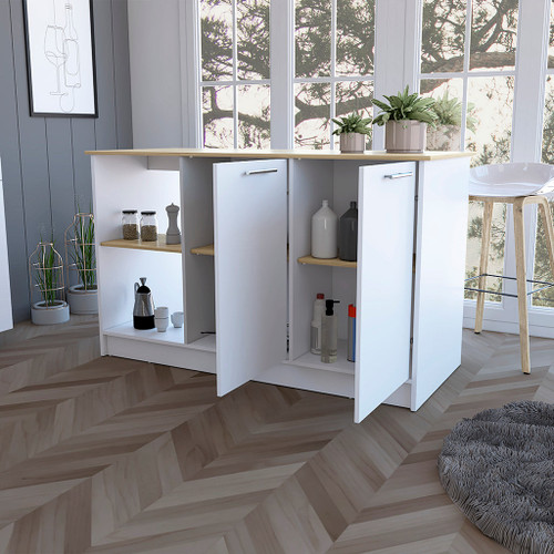White and Oak 59" Kitchen Island With Storage - 606114814740