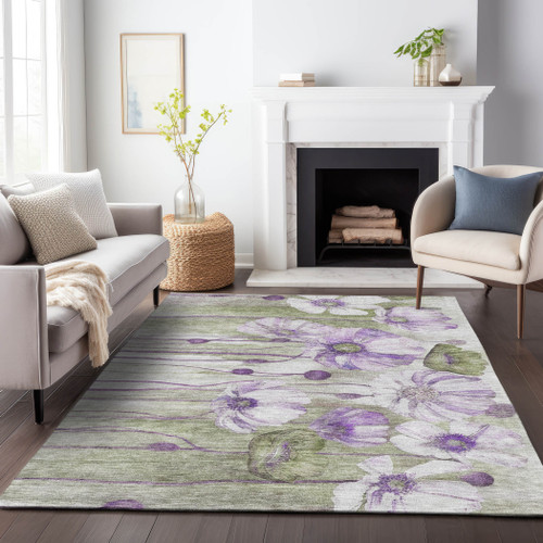 10' X 14' Purple Green And Ivory Floral Washable Area Rug With UV Protection - 880024954769