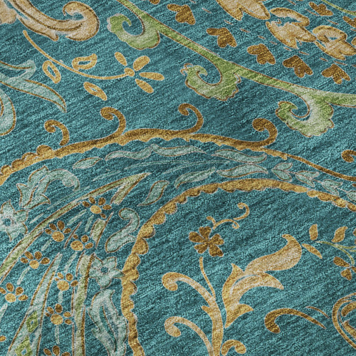 10' X 14' Teal Green And Gold Paisley Distressed Washable Area Rug With UV Protection - 880024604961
