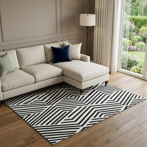 9' X 12' Black And Ivory Geometric Washable Area Rug With UV Protection - 880024729824