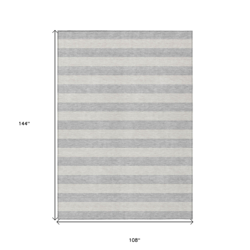 9' X 12' Gray and Ivory Striped Washable Non Skid Indoor Outdoor Area Rug