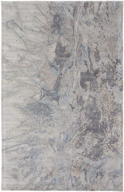 9' X 12' Gray Tan And Blue Abstract Hand Tufted Distressed Area Rug - 608219320324