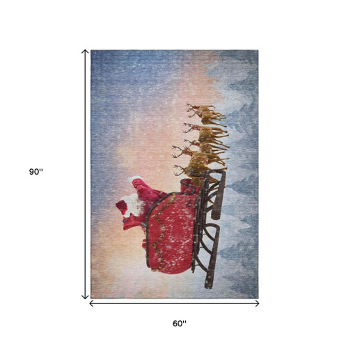 5' X 8' Blue Red And Brown Christmas Santa Claus Washable Area Rug With UV Protection - 880024885063