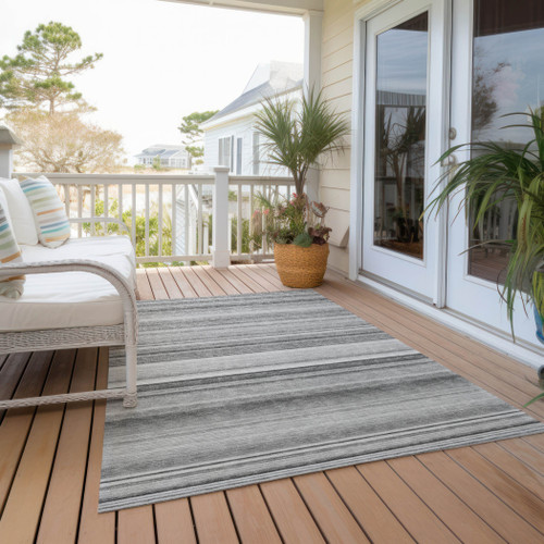 10' X 14' Gray Striped Washable Non Skid Indoor Outdoor Area Rug