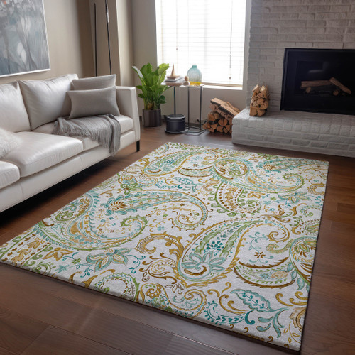 3' X 5' Ivory Blue And Green Paisley Washable Area Rug With UV Protection - 880016590623