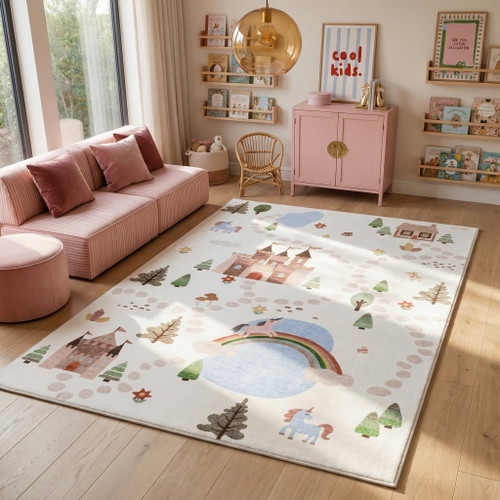 8' X 11' Off White Brown Green And Blue Castle and Rainbow Youthful Area Rug - 880024863344