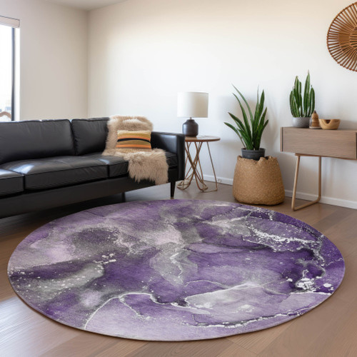 8' Purple And Ivory Abstract Washable Round Rug With UV Protection - 880024903644