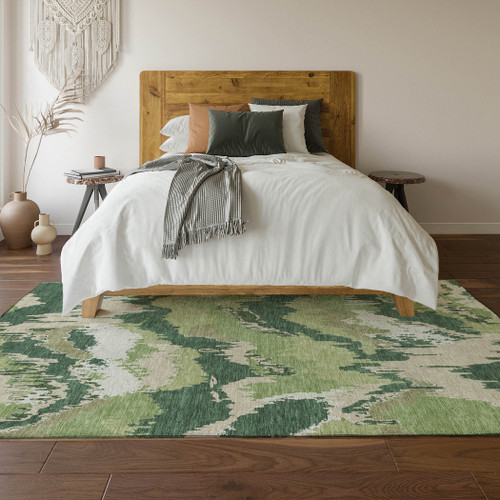 3' X 5' Green Ivory And Beige Abstract Washable Area Rug With UV Protection - 880016789966