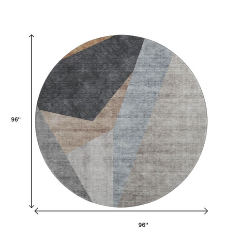 8' Taupe Blue And Beige Geometric Washable Round Rug With UV Protection - 880024616438