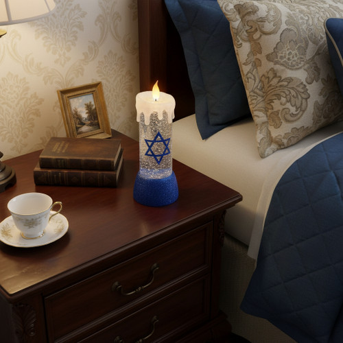 10" Blue And White Flameless Hanukkah Pillar Candle With Snow Globe - 880016855791