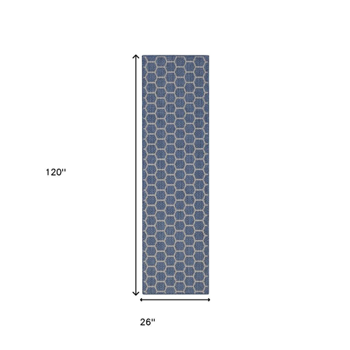 10' Blue And Ivory Geometric Indoor Outdoor Runner Rug - 880016400533