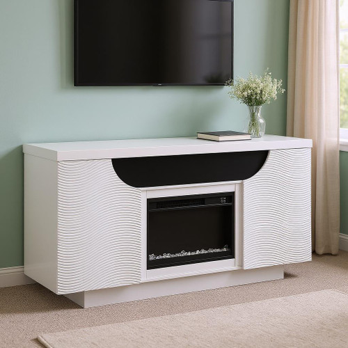 66" White Ribbed Wood Electric Storage Cabinet Fireplace With LED And Speaker - 880016843545
