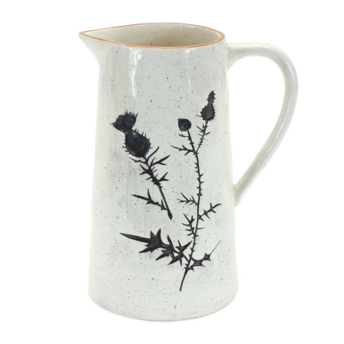 Set of Two Black And Off White Floral Ceramic Cylinder Pitcher Vase - 880024868851