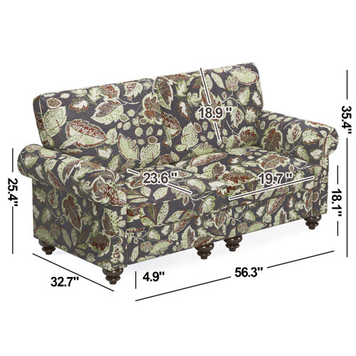 56" Sage Navy Blue And Brown Floral Loveseat - 880024567921