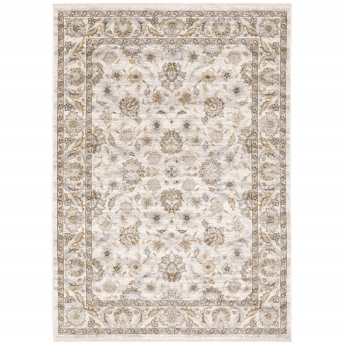 Homeroots Home Decor 10' x 13' Ivory and Grey Oriental Power Loom Stain Resistant Area Rug with Fringe, Ivory and Grey